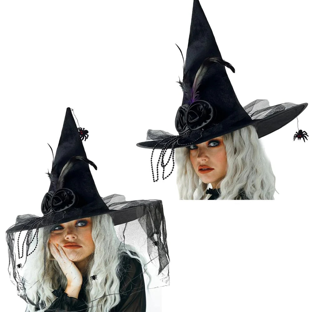 Halloween Witch Hat with Veil, Flowers & Feathers | Felt Wizard Hat Costume Witch Hat Nixie