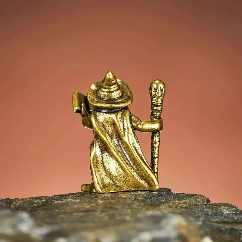 Vintage Brass Frog Wizard Statue – Magic Wand Figurine Decorative Figurine Nixie
