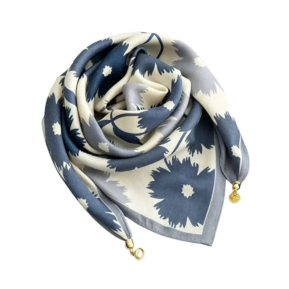 Magnetic Buckle Floral Square Silk Scarf with Tassel | Nixie Fashion Scarf Nixie