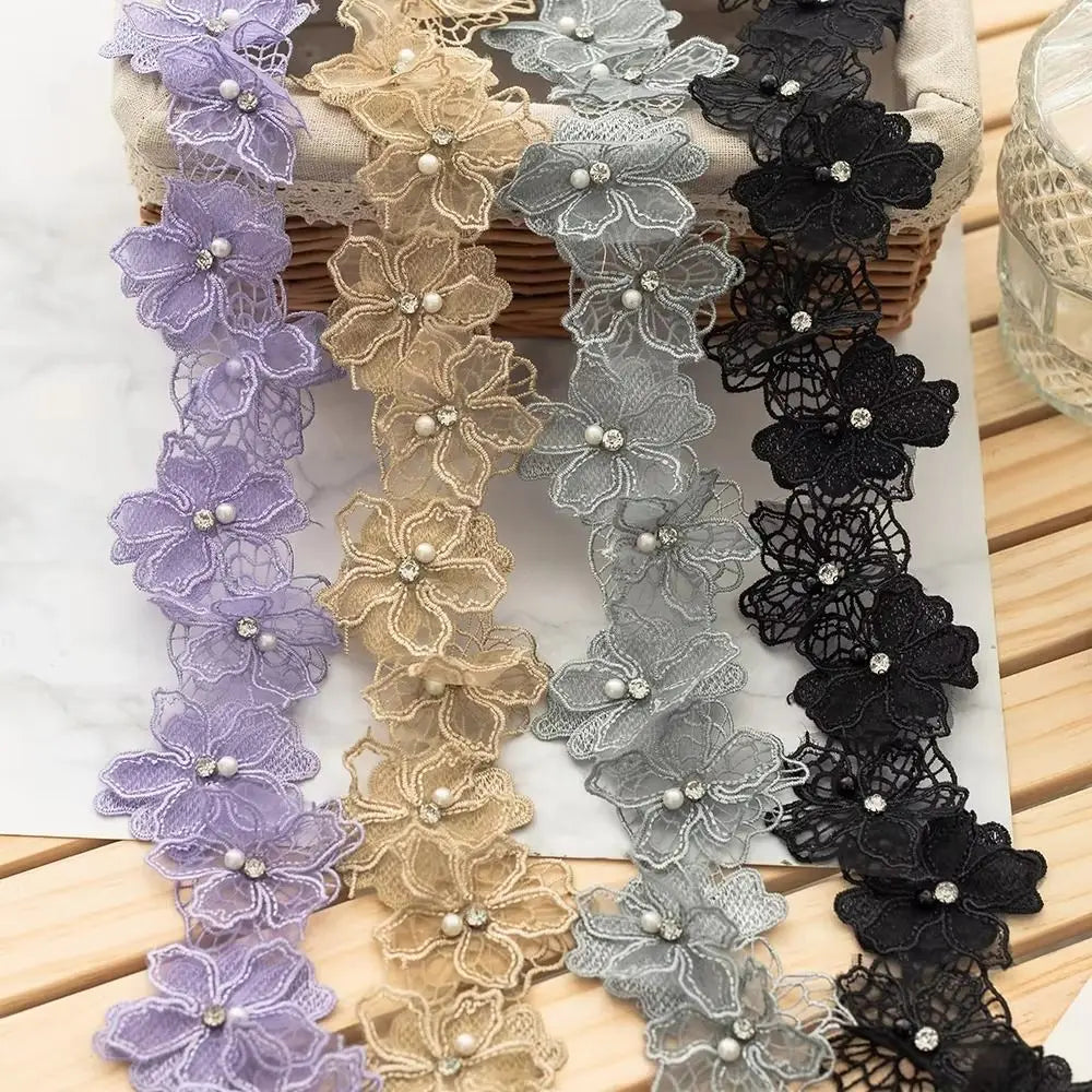 3D Pearl Bead Floral Lace Trim Ribbon | DIY Fabric Applique Lace Trim Ribbon Nixie