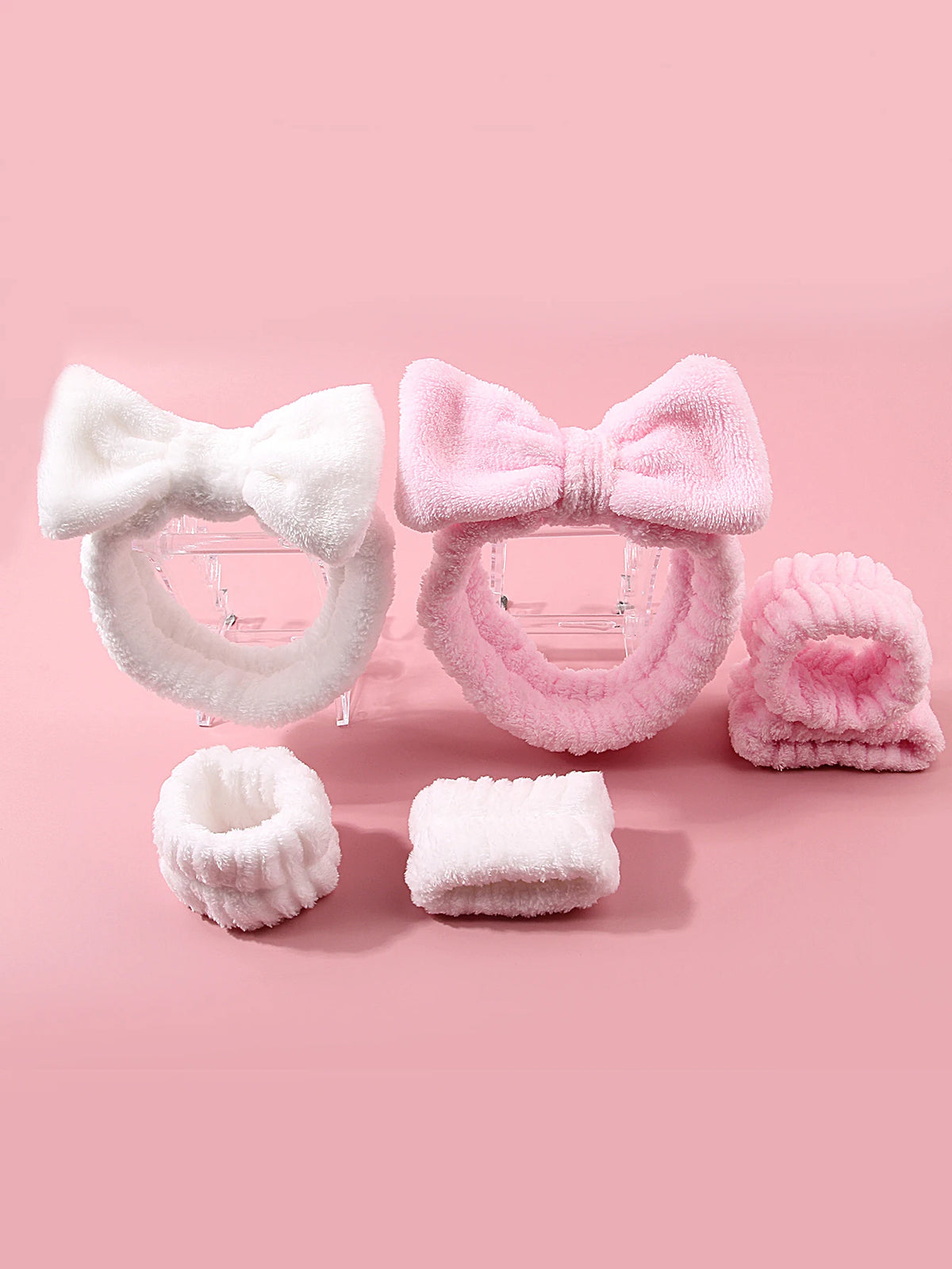 Plush Bow Hair Bands & Wrist Straps Set – Unisex Makeup Headband