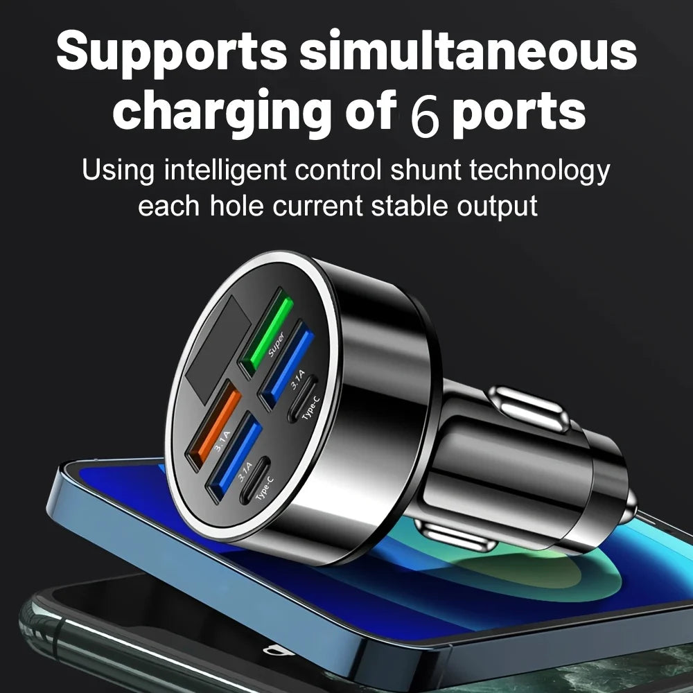 6-in-1 Fast Charging Car Adapter 3.1A Dual USB-C Digital Display Car Charger Adapter Nixie