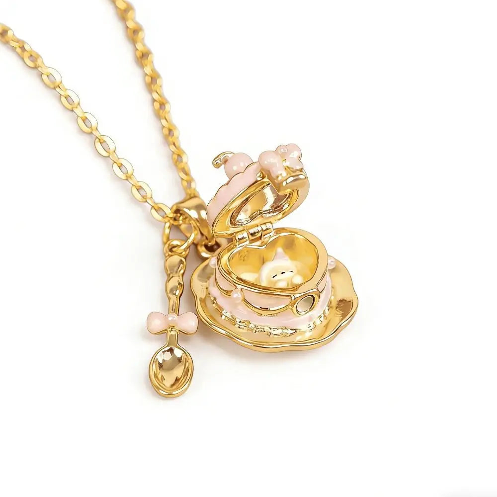Cartoon Cup Teaspoon Pendant Necklace – Enamel Copper Chain Pendant Necklace Nixie