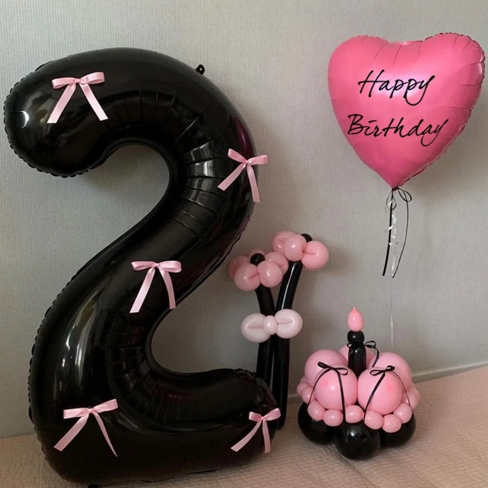 32 Inch Black Number Balloon with Pink Bows | Foil Party Decor Party Balloon Decoration Nixie