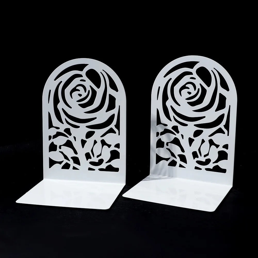 2Pcs Metal Rose Hollow Bookends – Decorative White Book Ends Decorative Bookends Nixie Style 1