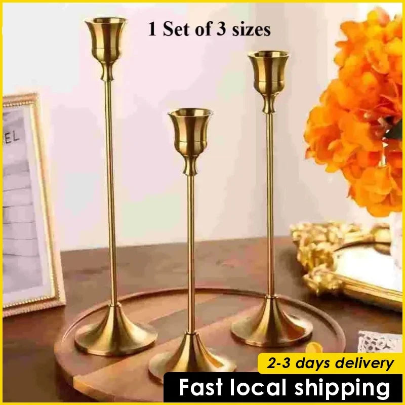 3PCS Metal Taper Candle Holders Set – Antique Gold Candlesticks