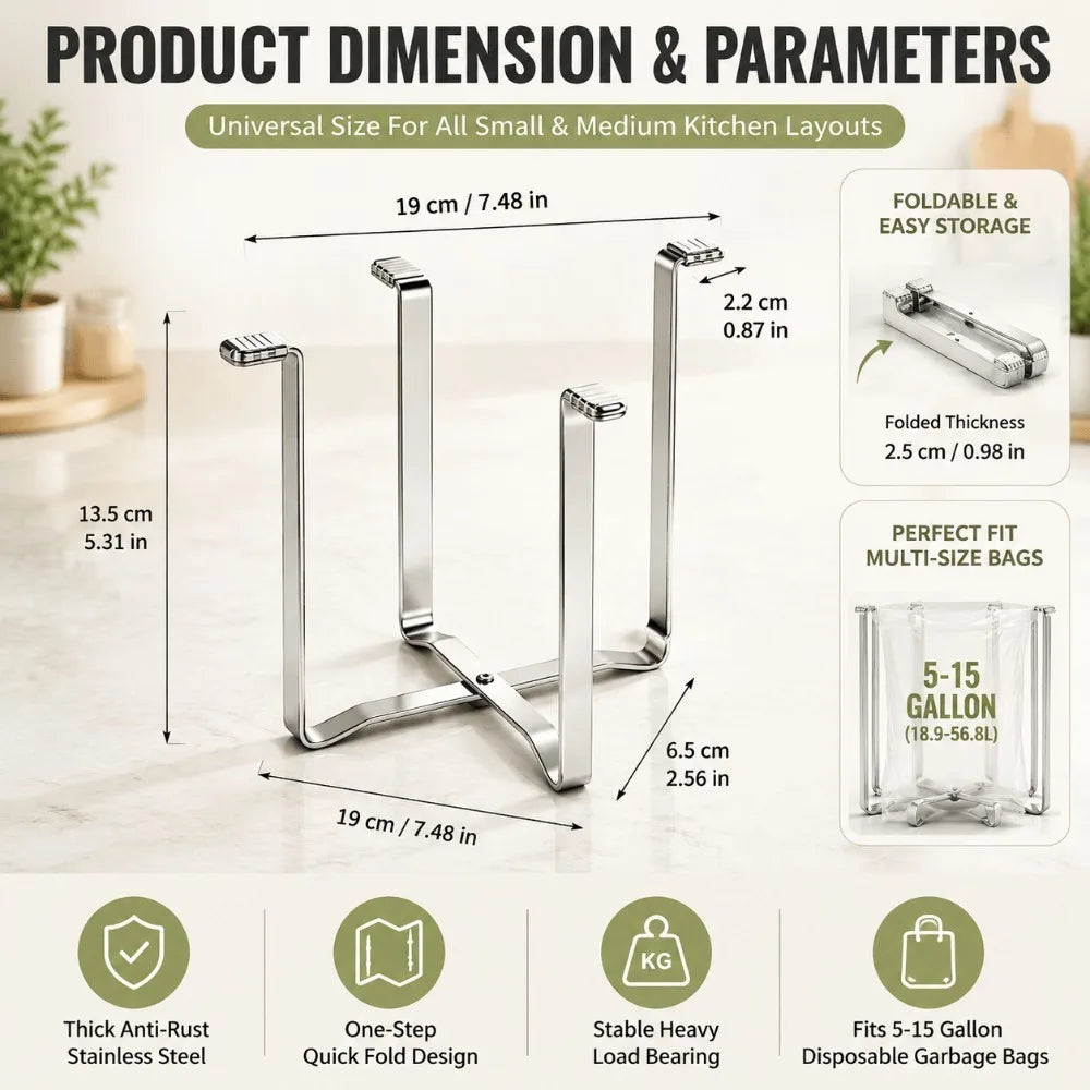 Foldable Stainless Steel Garbage Bag Holder Kitchen Organizer