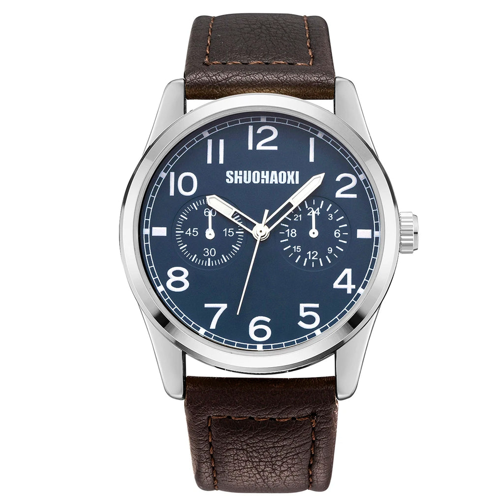 REBIRTH Retro Men's Quartz Watch – Black Leather Strap Large Dial Men's Quartz Watch Nixie Silver