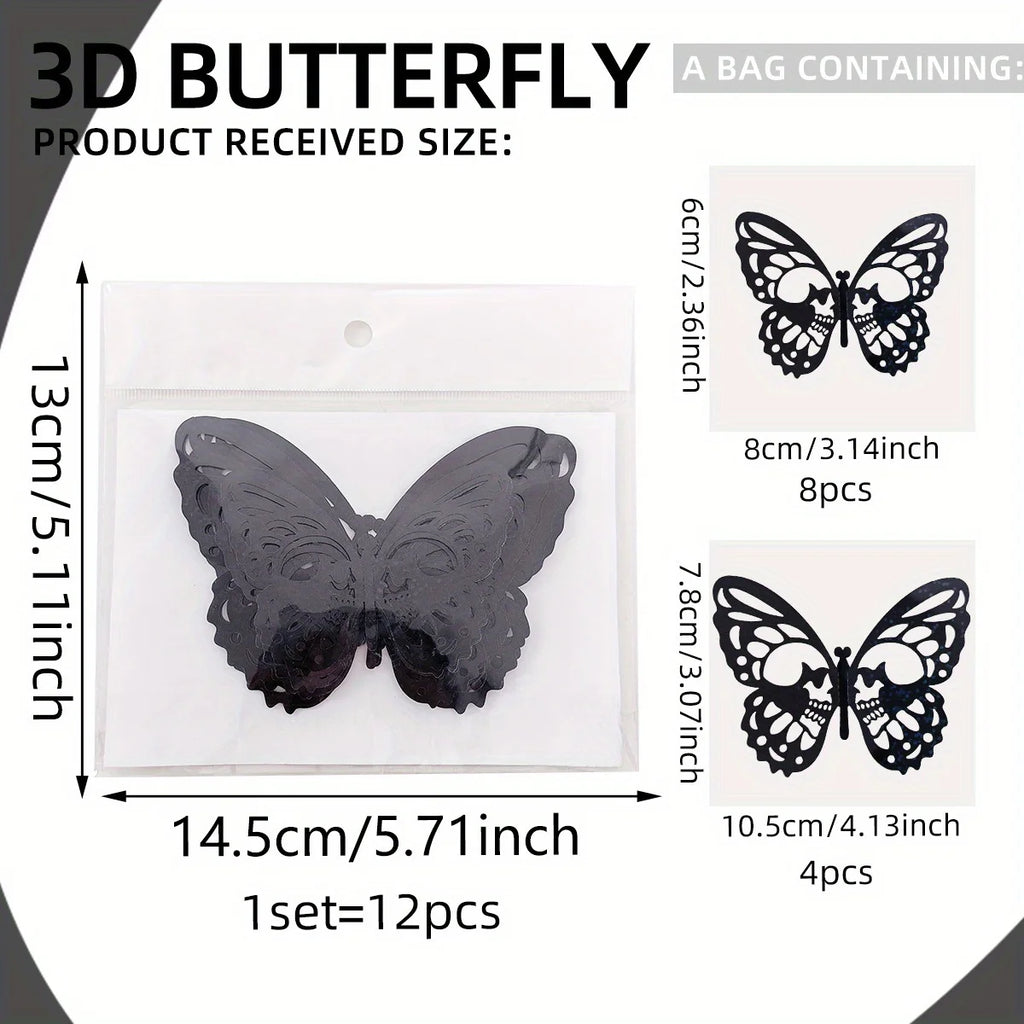 3D Skull Rose Butterfly Halloween Wall Stickers – 12 Pcs Halloween Wall Stickers Nixie Black 12pcs