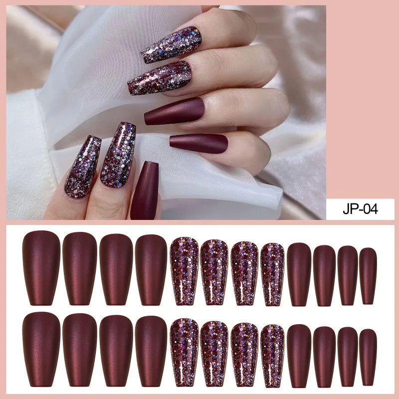 Wine Red Glitter Press-On Nails Crystal Finish L Size – 24 Pcs Press-On Nail Tips Nixie