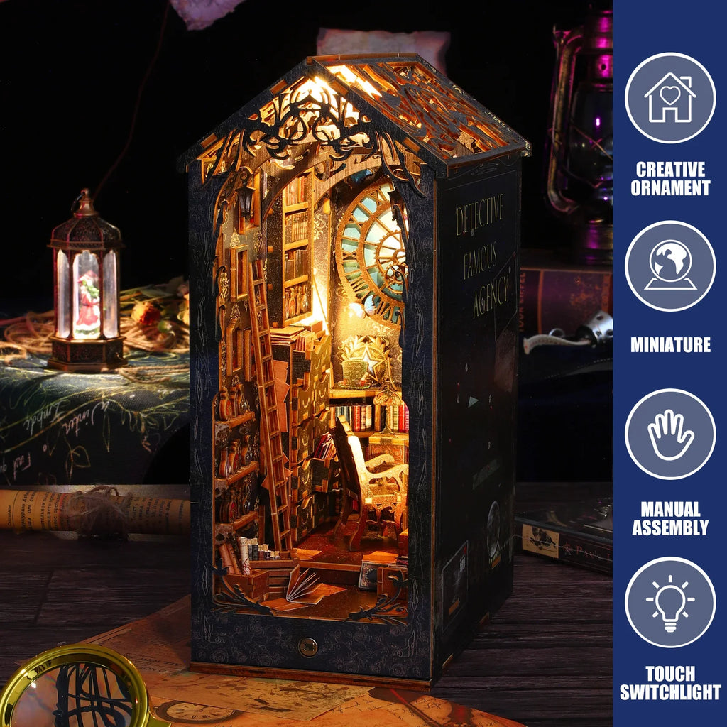 DIY Book Nook Kit 3D Wooden Puzzle Bookshelf Insert with LED Miniature Model Kit Nixie