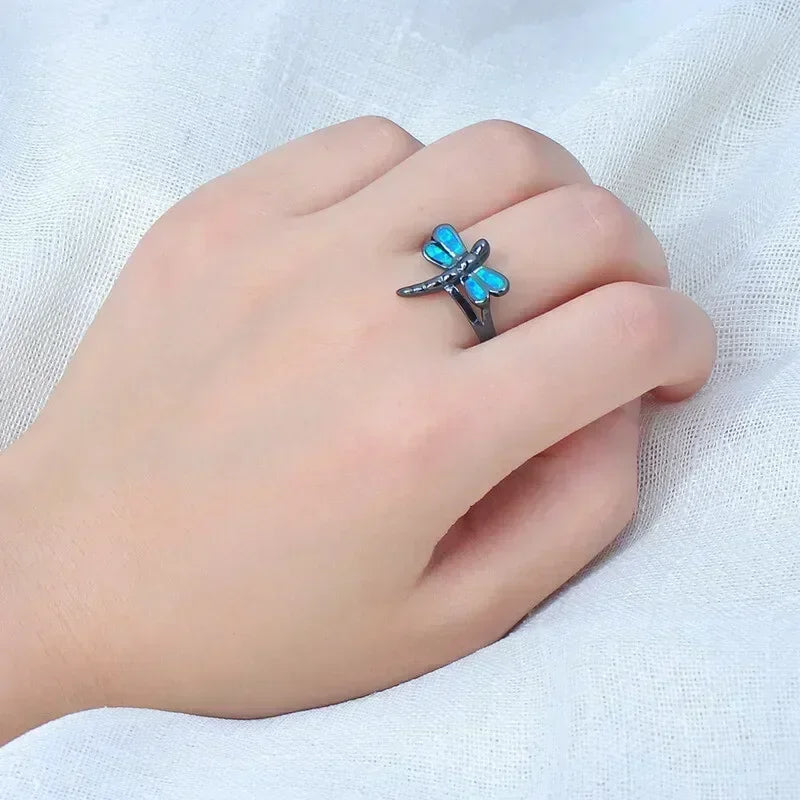 Dragonfly Ring – Zinc Alloy Black Blue Simulated Opal | Sizes 6–10
