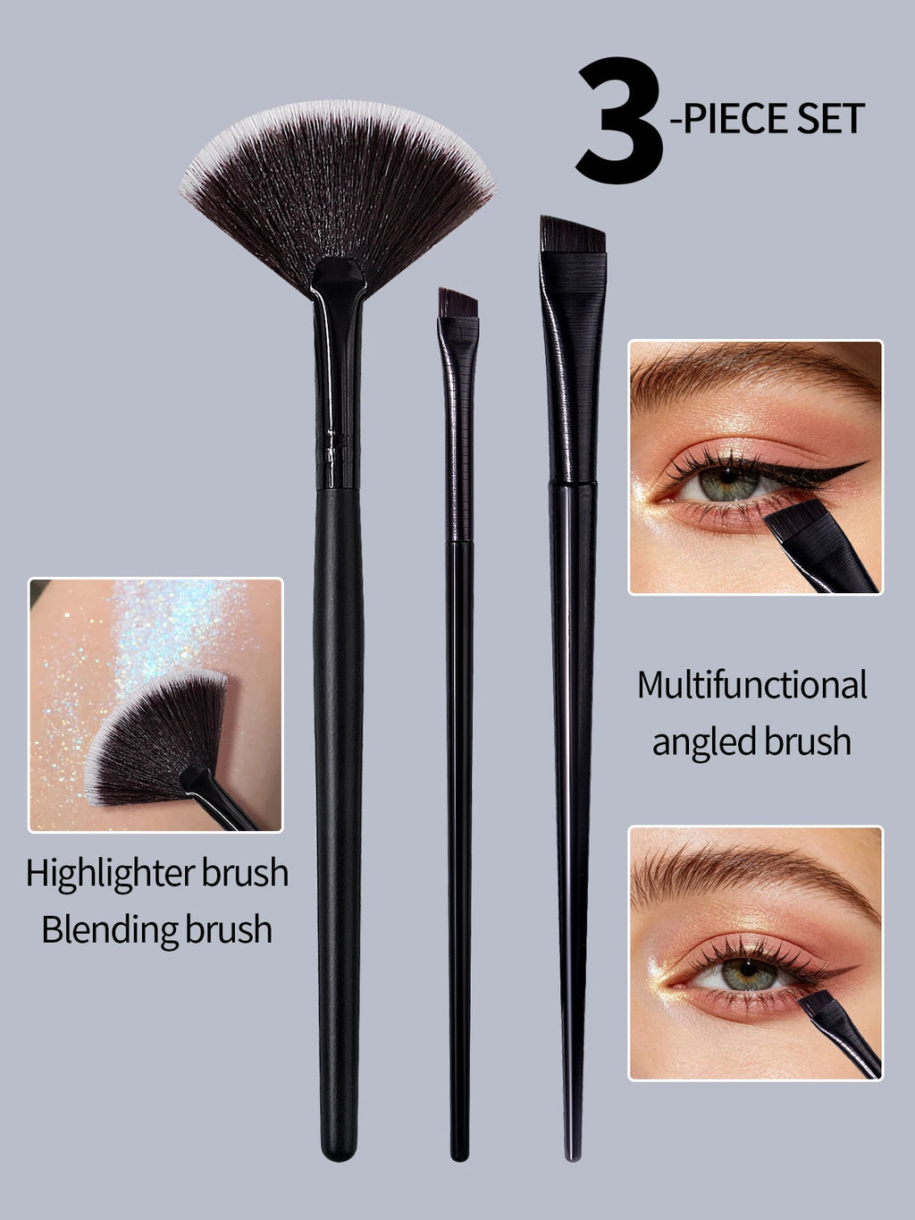 3-Piece Fan Highlighter & Angled Eyebrow Makeup Brush Set Makeup Brush Set Nixie