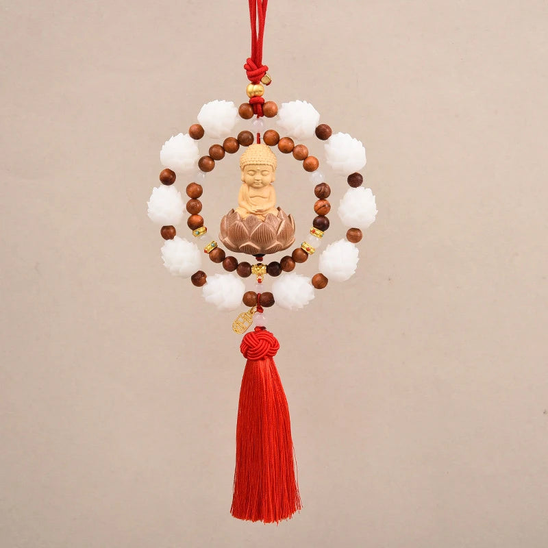 Buddha Lotus Tassel Car Rearview Mirror Pendant – Good Luck Car Mirror Ornament Nixie double Red