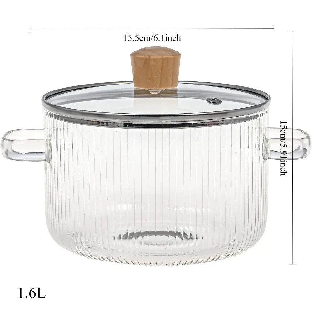 FEB.WIND 1.6L Glass Soup Pot with Lid & Wooden Handle Glass Cooking Pot Nixie