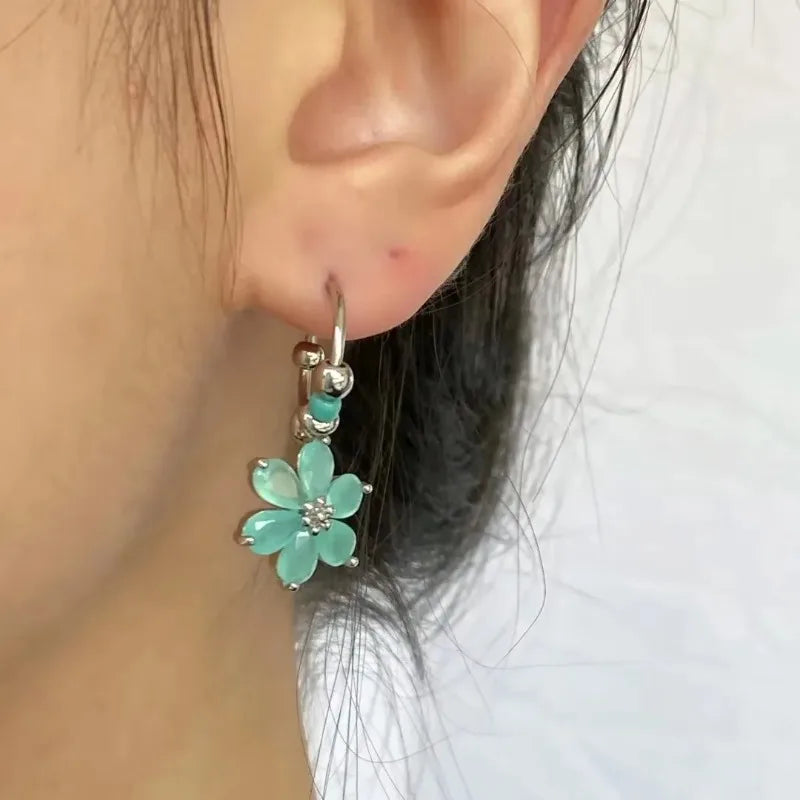 Green Flower Hoop Earrings | Cat Eye Stone Korean Style Fashion Hoop Earrings Nixie