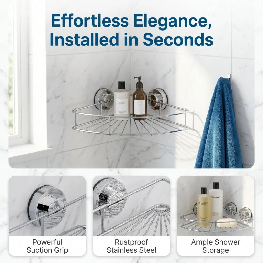 Stainless Steel Triangle Shower Shelf – Suction Cup Wall Mount