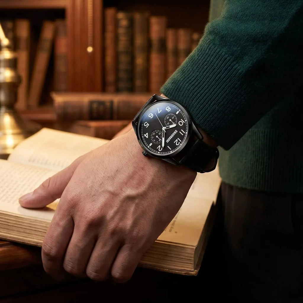 REBIRTH Retro Men's Quartz Watch – Black Leather Strap Large Dial Men's Quartz Watch Nixie