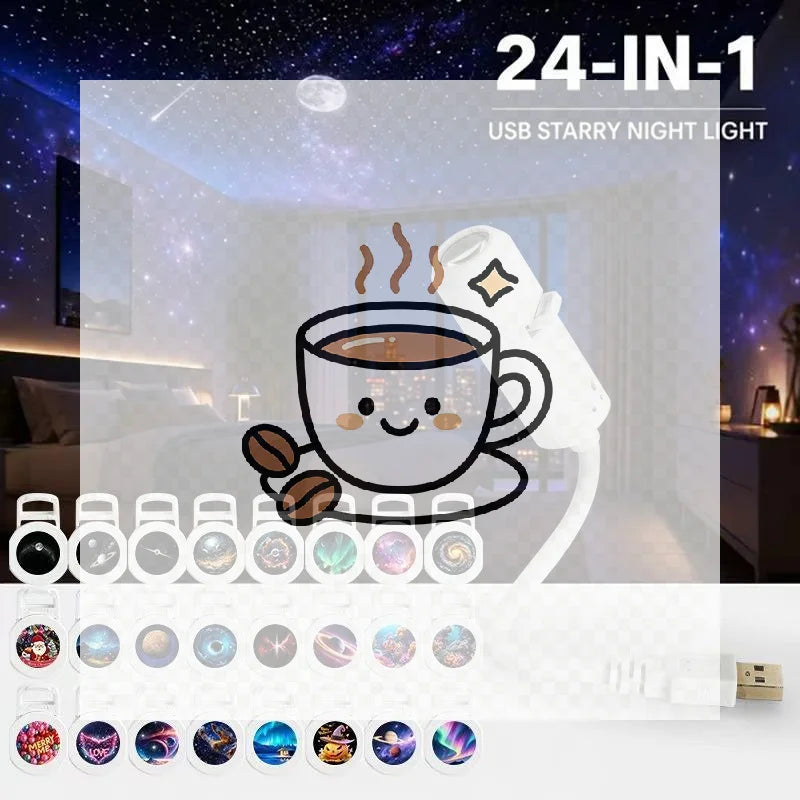 USB Starry Sky Projector Lamp 24-in-1 360° Night Light