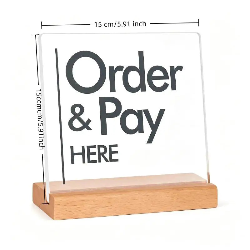 Acrylic Order & Pay Here Desk Sign with Wood Base | Double Sided Tabletop Desk Sign Nixie