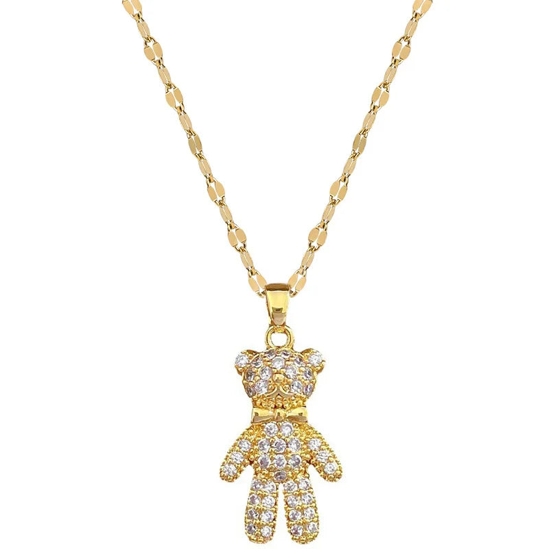 Butterfly Bow Bear Pendant Choker Necklace – Gold Stainless Steel Pendant Necklace Nixie