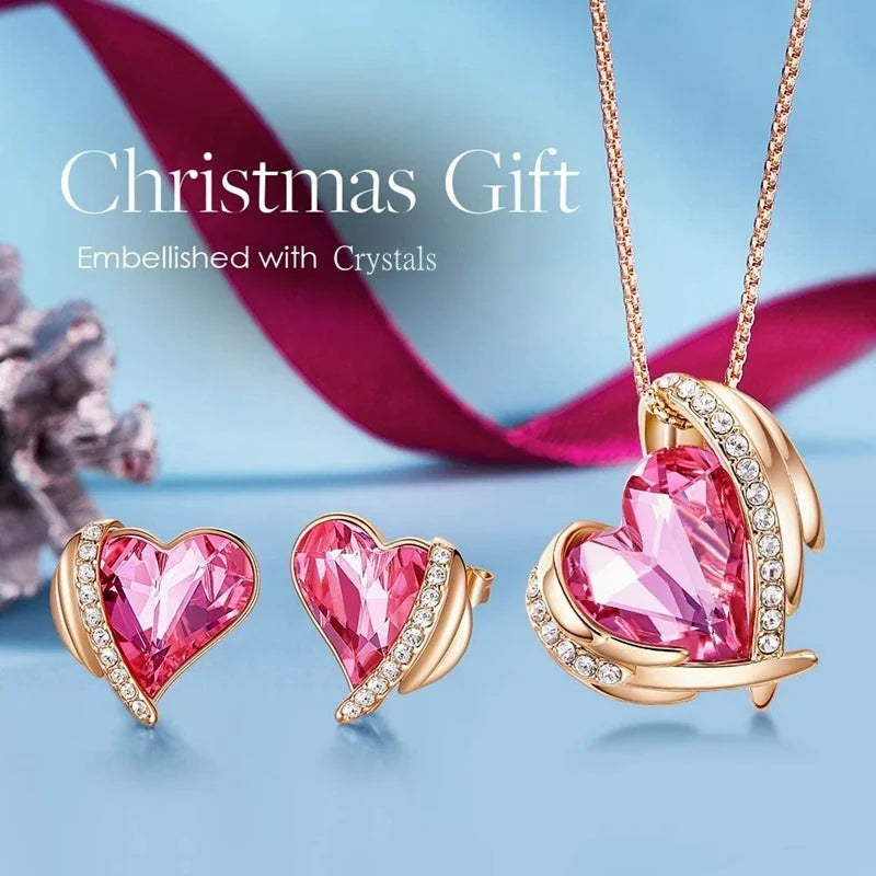 Rose Gold Heart Crystal Necklace & Earrings Set | Gift Jewelry Crystal Jewelry Set Nixie