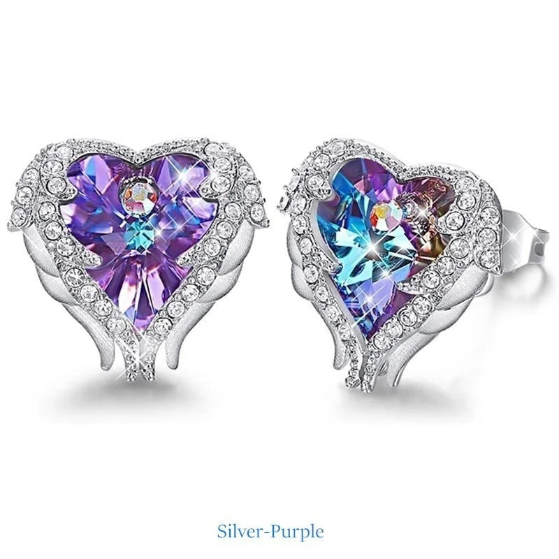 Silver Angel Wing Heart Crystal Stud Earrings for Women Crystal Stud Earrings Nixie