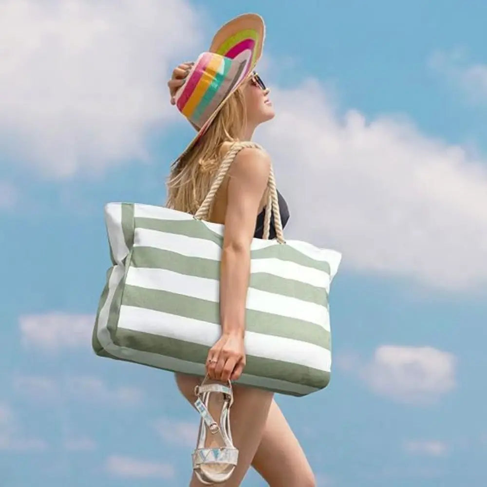 Large Striped Beach Tote Bag | Sandproof, Zipper & Rope Handles Beach Tote Bag Nixie