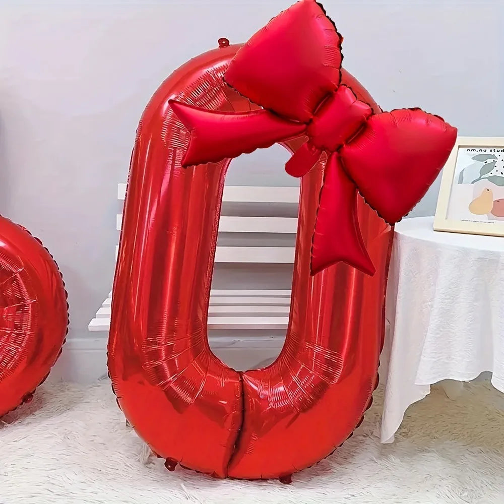 32" Red Number Foil Balloons 0-9 with Bowknot | Party Decor Party Foil Balloon Nixie 32inch 0