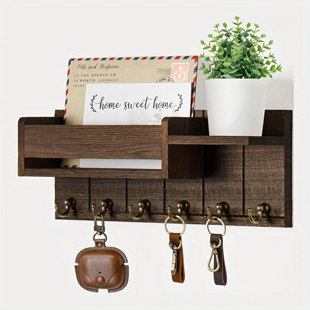 6-Hook Wooden Key Holder Wall Rack with Shelf & Mail Sorter