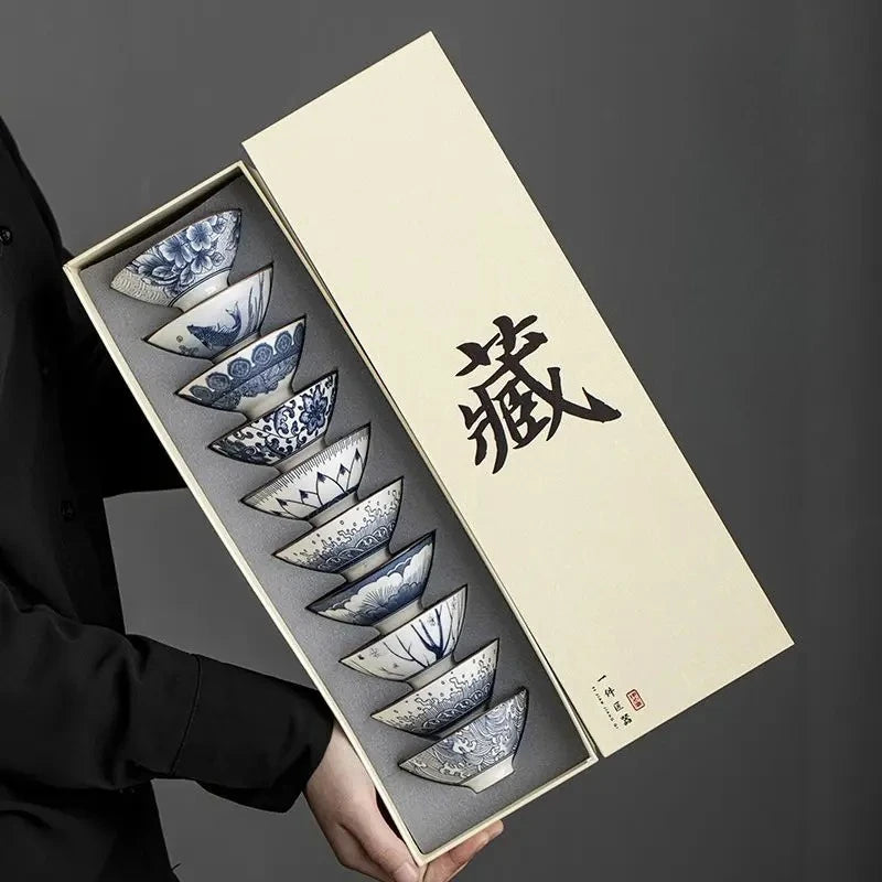 Blue & White Porcelain Kung Fu Teacups 10-Piece Gift Set Porcelain Teacup Set Nixie