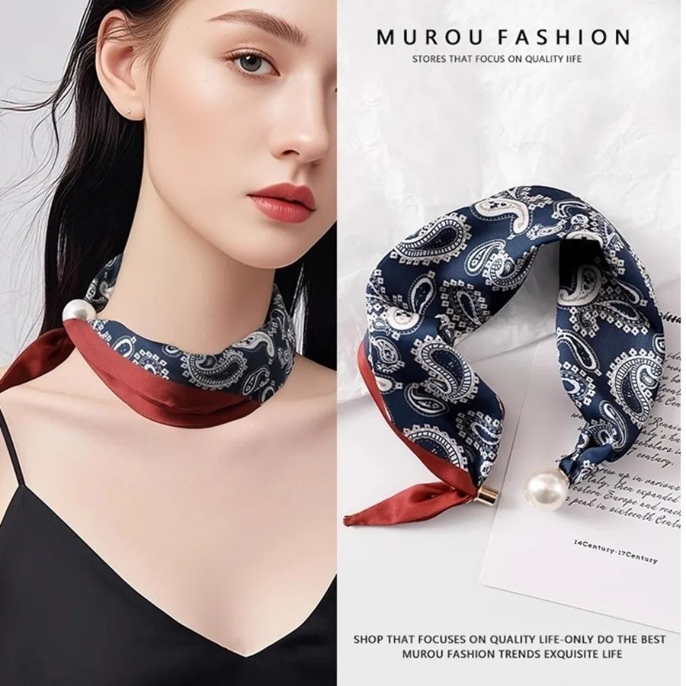 Pearl Buckle Printed Silk Neck Scarf – Lightweight Neckerchief Women's Neck Scarf Nixie