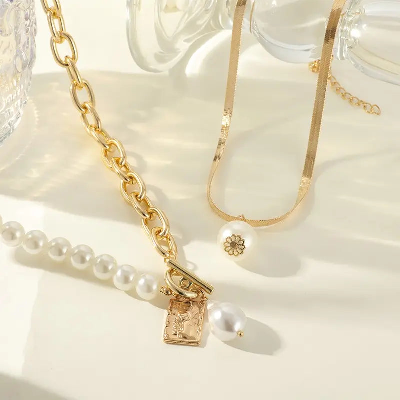 2PCS Gold Hip Hop Baroque Faux Pearl Pendant Necklaces Set Pendant Necklace Set Nixie