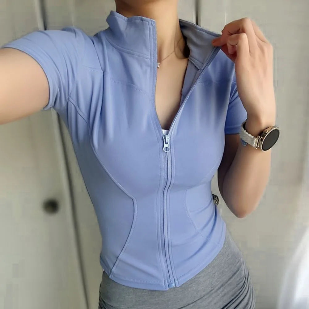 Women's Slim Fit Zip Front Short Sleeve Sports Workout Top Women's Sports Top Nixie Blue S