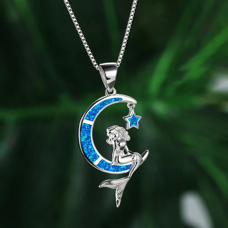 Mermaid Moon Pendant Necklace – Blue Simulated Opal & Zinc Alloy Pendant Necklace Nixie Blue