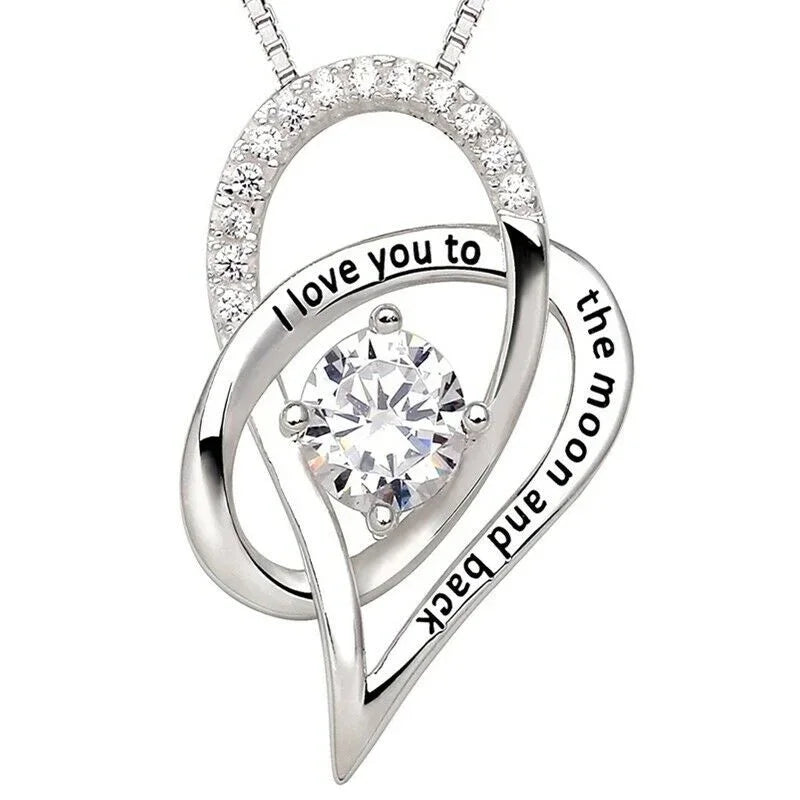 Silver "I Love You to the Moon" Heart CZ Pendant Necklace Pendant Necklace Nixie Steel color