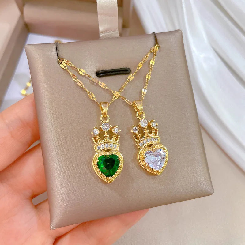 Diamond Crown Heart Pendant Necklace | Gold Stainless Steel Choker Pendant Necklace Nixie