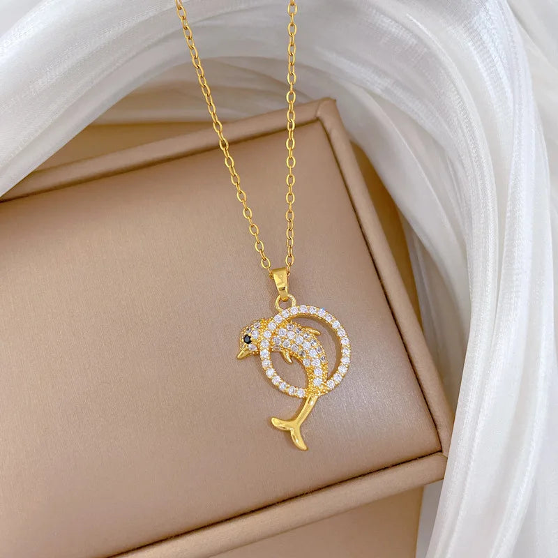 Dolphin Hoop Pendant Necklace Gold Stainless Steel Clavicle Chain Pendant Necklace Nixie