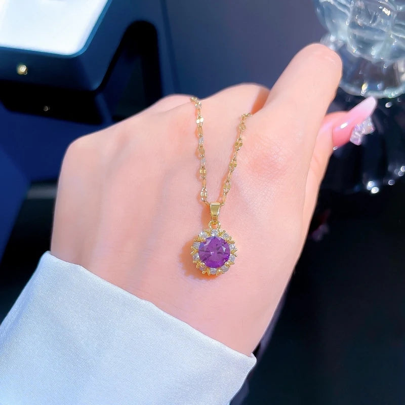 Geometric Micro-Paved Zircon Pendant Necklace | Gold Steel