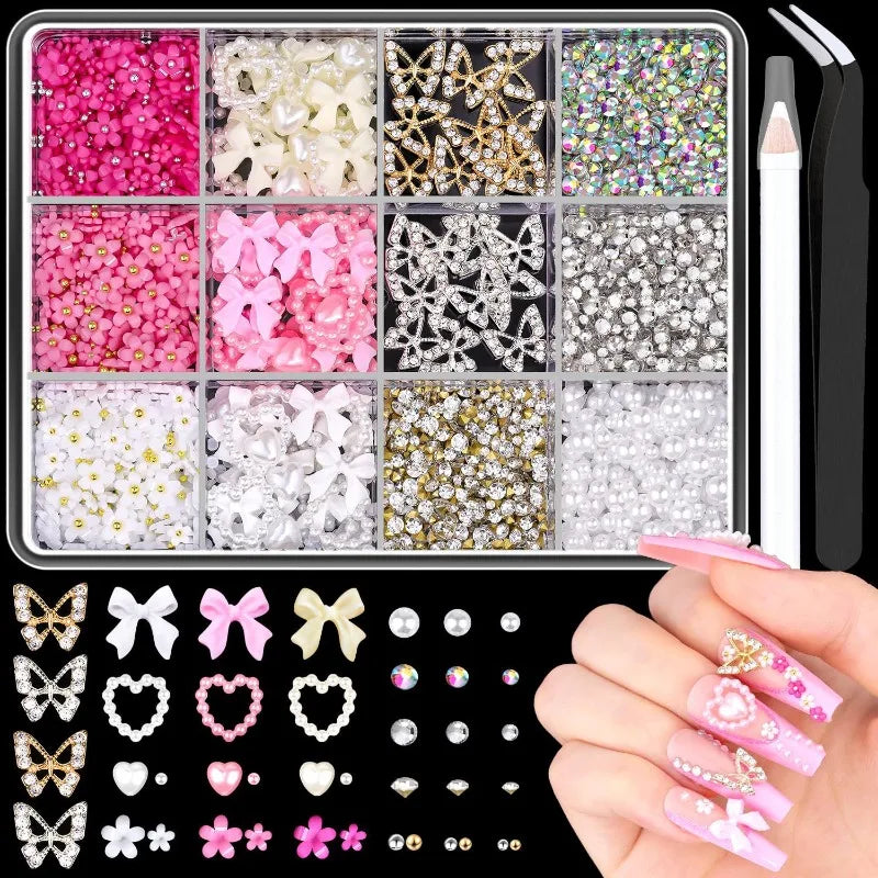 3D Flower Nail Charms Set – 120pcs Mixed Blossom Gems & Rhinestones Nail Art Charms Nixie