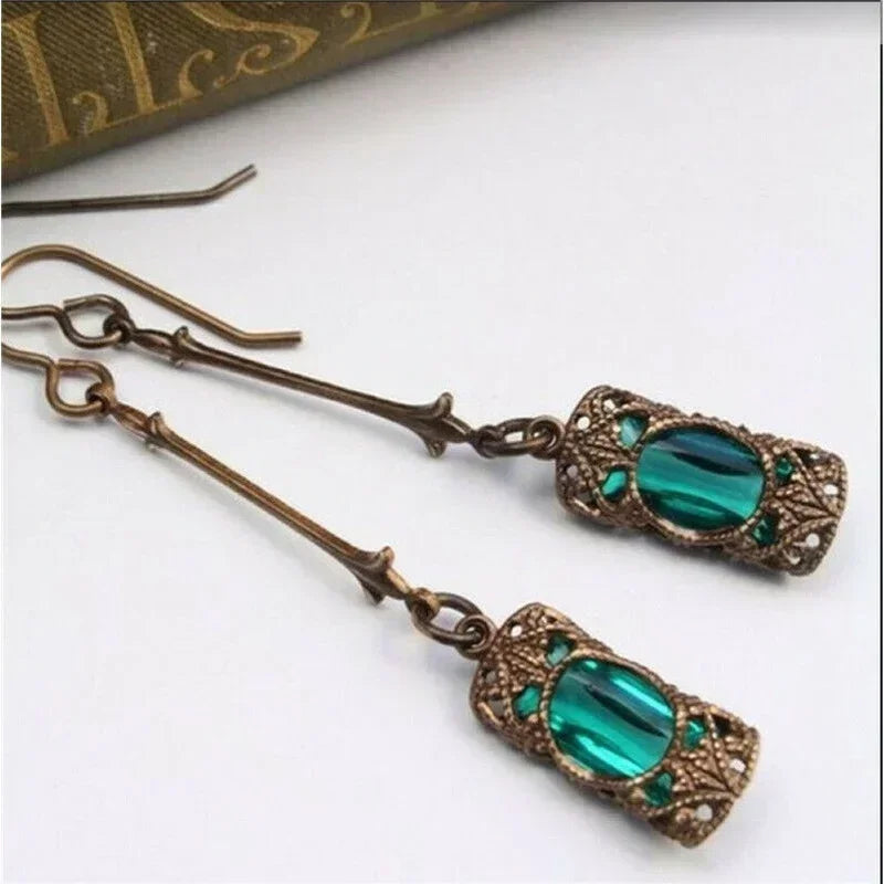 Women's Vintage Antique Gold Zircon Light Green Drop Earrings