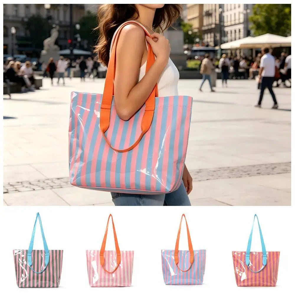 Striped Waterproof PVC Beach Tote Bag | Shoulder Handbag Beach Tote Bag Nixie