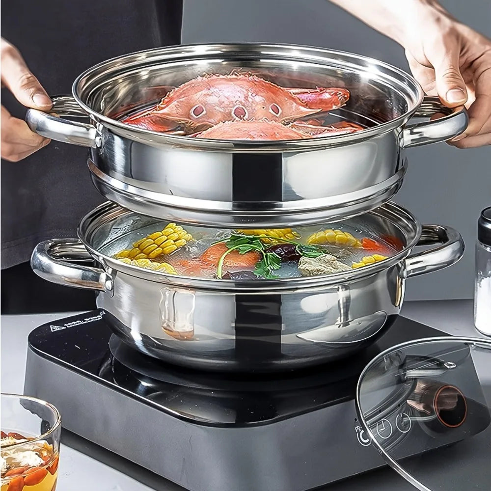 3-Piece Stainless Steel Steamer Pot Set | Glass Lid & Induction Steamer Pot Set Nixie