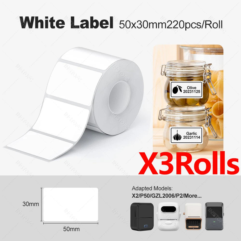3-Roll Thermal Labels for Marklife P50 – White & Transparent Thermal Label Rolls Nixie White 50x30mm