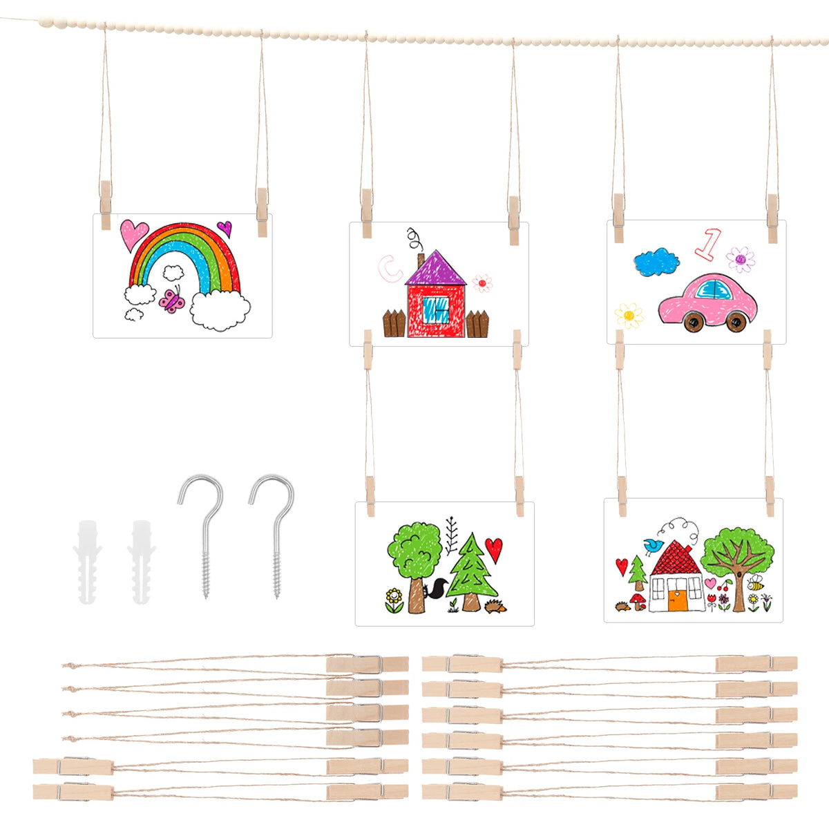 Kids Artwork Display Wooden Bead Hanging Clip Wall Decor Photo Display Holder Nixie