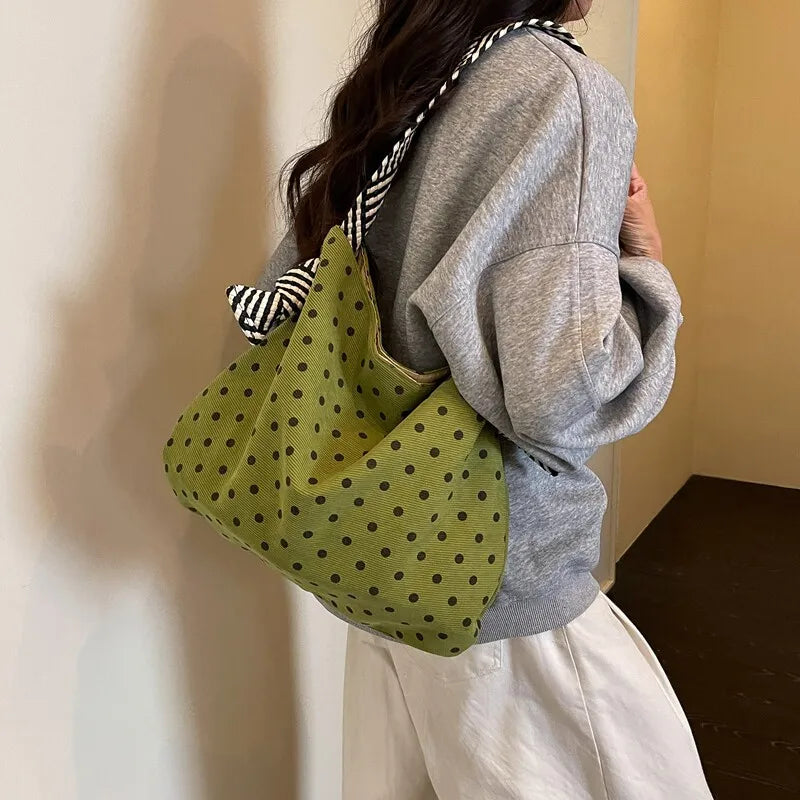 Korean Polka Dot Corduroy Tote Bag – Large Capacity