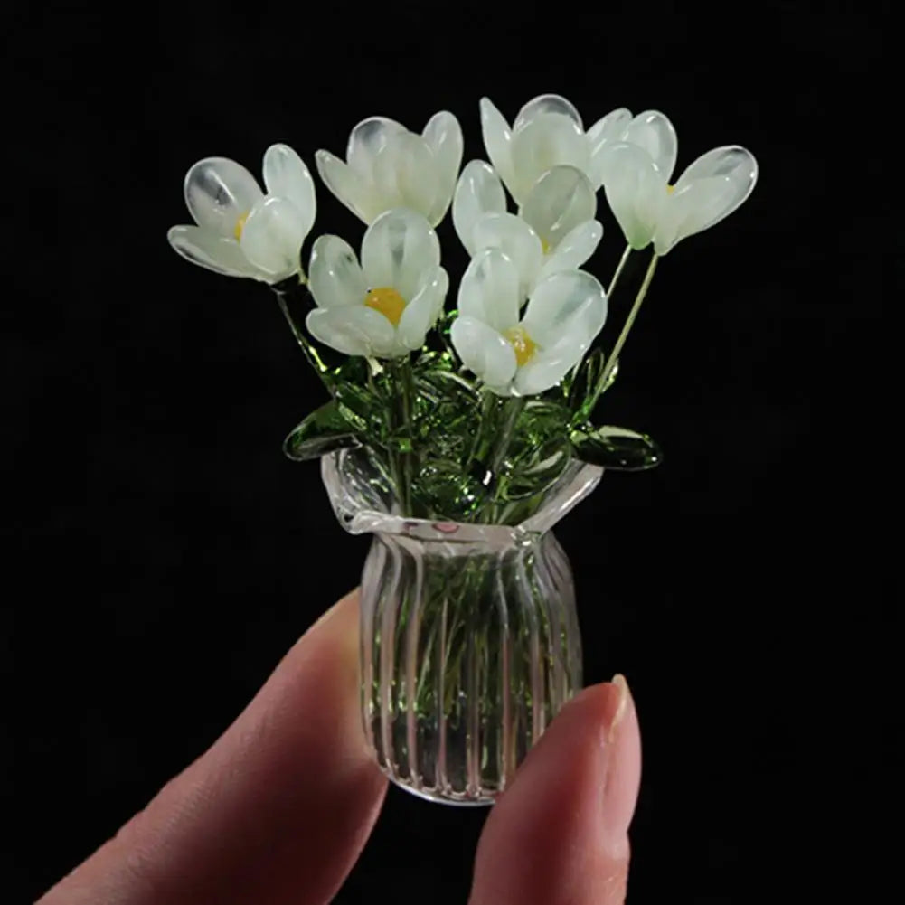 Hand-Blown Glass Flower Bouquet Set with Vase – 7pc Mini Decor Glass Floral Ornament Nixie