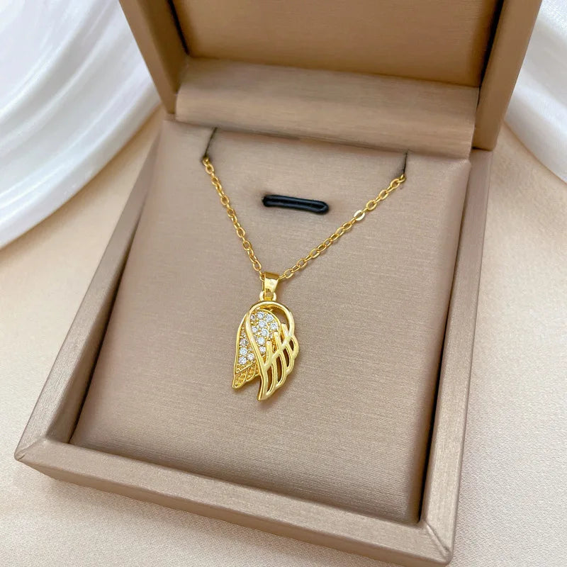 Hollow Wing Feather Zircon Pendant Necklace | Women's Gold Chain Pendant Necklace Nixie
