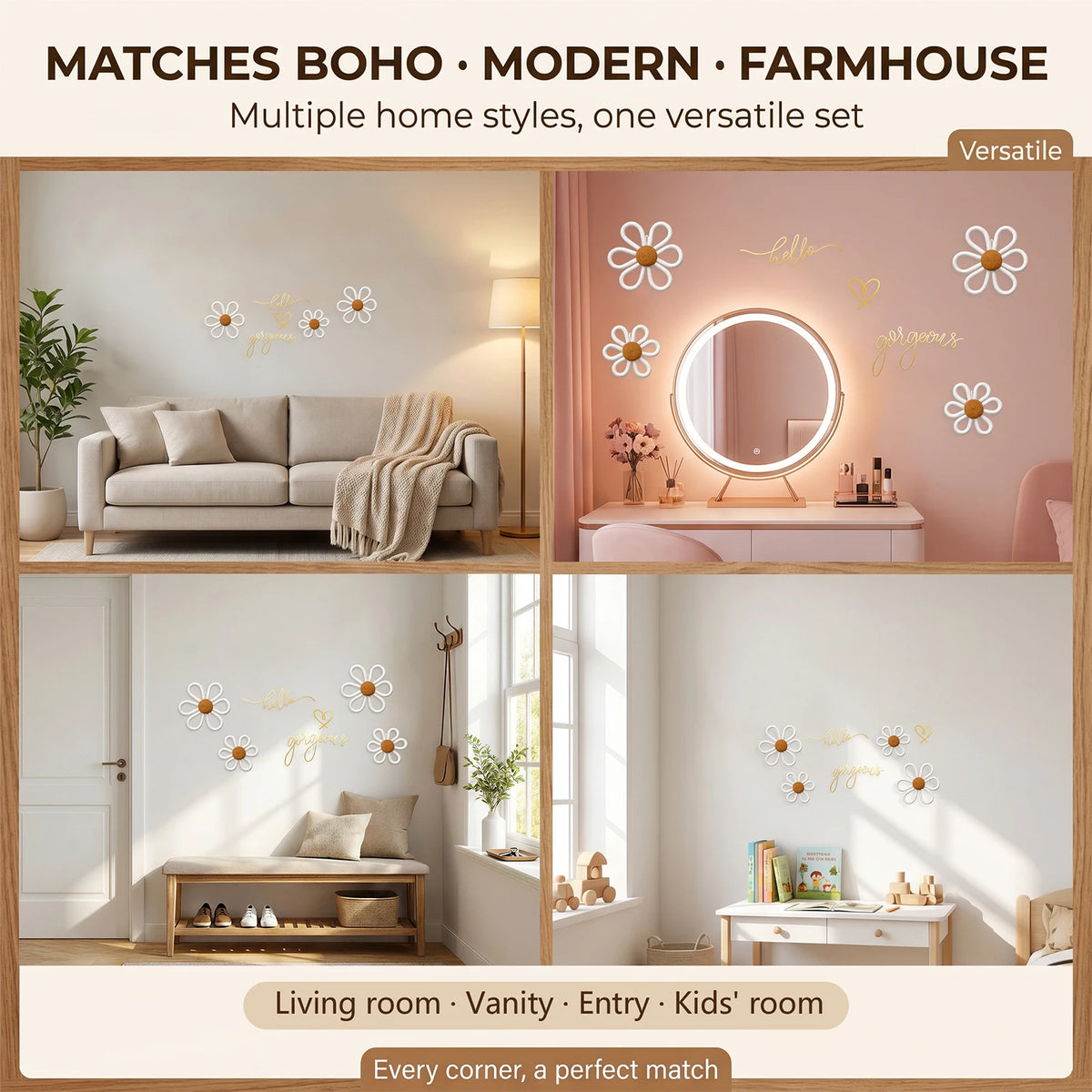 Boho Wall Decor Set – Metal Wire Signs, Heart & Daisy Ornaments