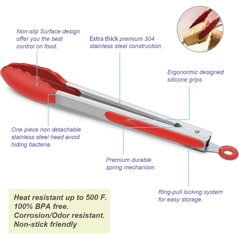 Silicone Kitchen Tongs 7/9/12" BPA Free | BBQ Grill Cooking Kitchen Cooking Tongs Nixie